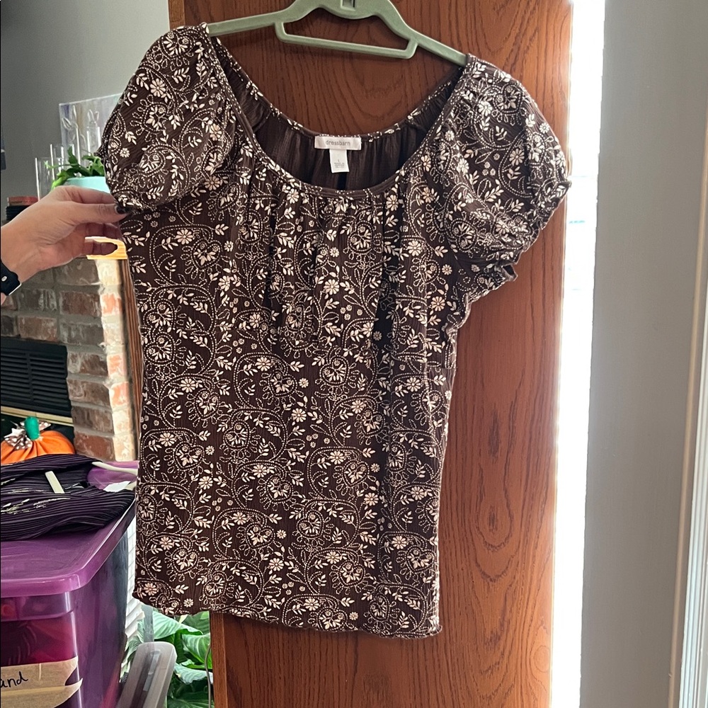 Dressbarn Brown and White Floral Blouse